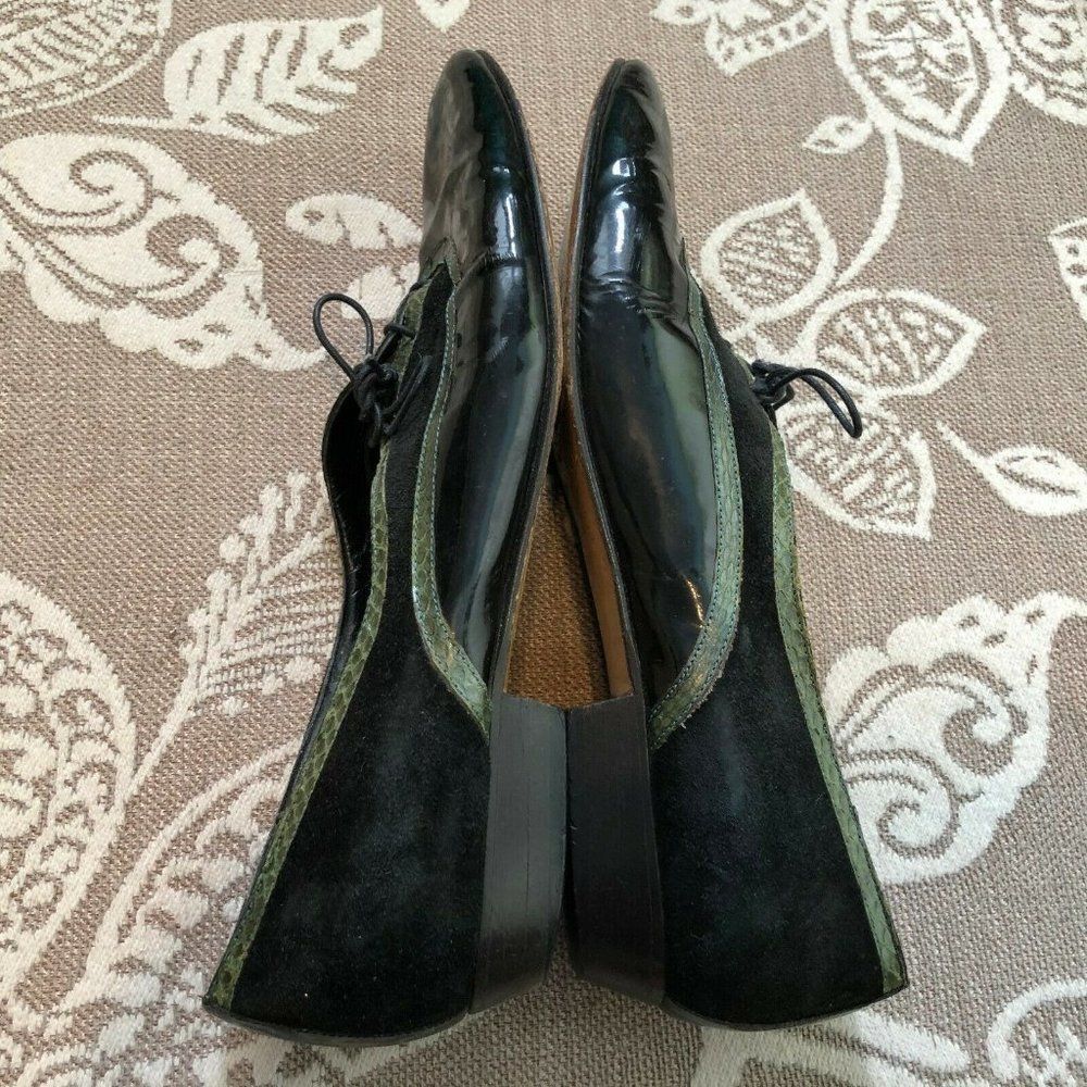 Vintage Oxfords! Black Patent Lace Up W/Green Snakeskin Trim 8.5 Narrow AA - Picture 6 of 9